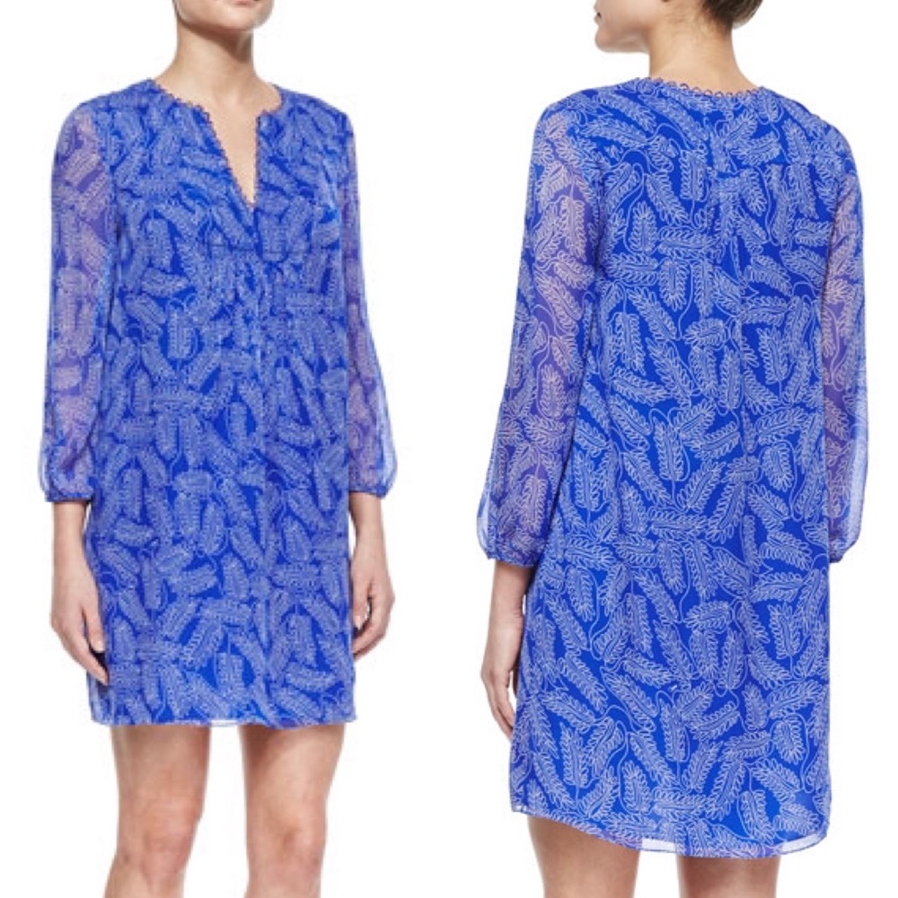 Diane Von Furstenberg Silk Shift Dress 8 Blue Riviera Leaf Printed Feminine DVF